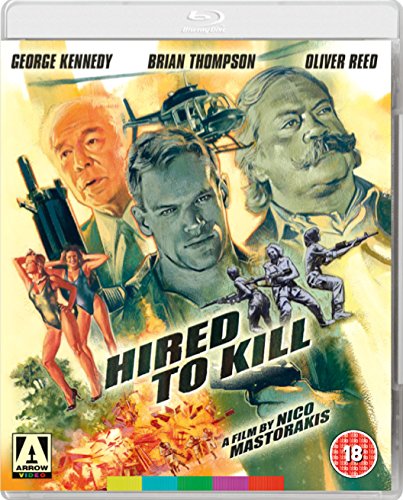 "Hired to Kill" Blu-ray cover featuring three men and action scenes in a yellow-toned collage.