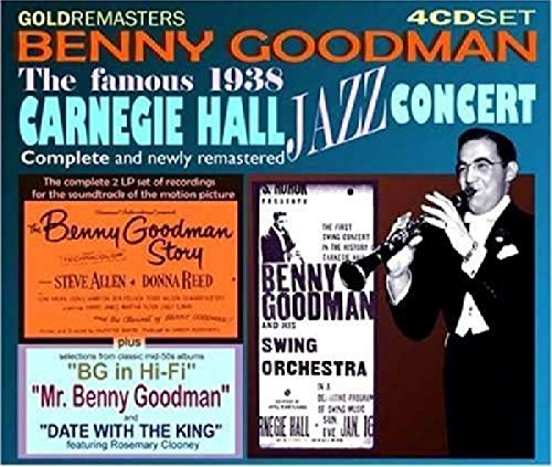 "CD cover with Benny Goodman playing clarinet, surrounded by text on blue background."