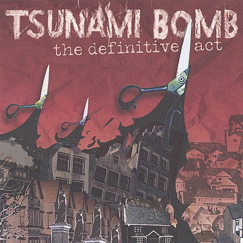 "Tsunami Bomb album cover featuring scissors and a town, with orange background."