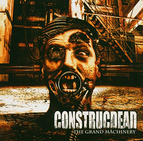 A sepia-toned album cover featuring a man in a gas mask in an industrial setting.