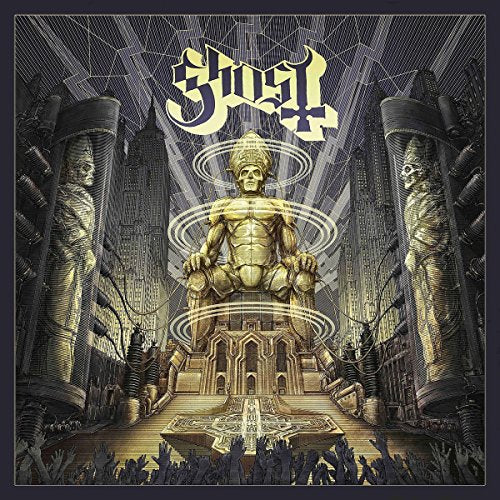 The image depicts a vinyl record cover featuring a large, golden statue in a temple. Alt text: "Vinyl record cover with golden statue and ornate temple illustration."