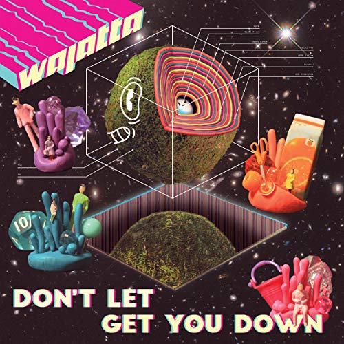 Album cover with 3D cube and surreal illustrations on a black, starry background.