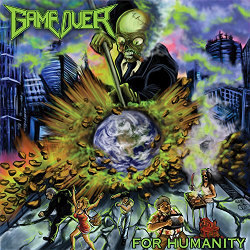 Album cover art: green zombie destroying Earth, surrounded by chaos and destruction.