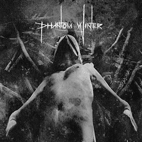 Black and white album cover with a hooded figure amidst debris and text "Phantom Winter".