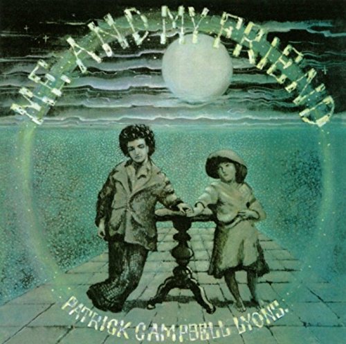 "Album cover with illustration of two people standing by a table under a full moon."