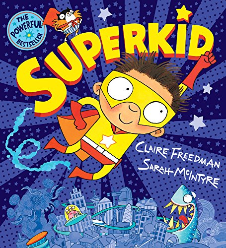 "Book cover featuring a cartoon boy in a superhero costume flying above a cityscape."