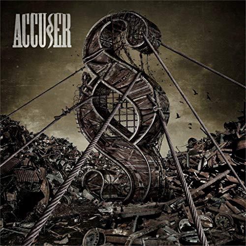 "Album cover art featuring a twisted treble clef amidst a pile of metal debris."