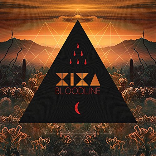 The image is a music album cover. #### Alt Text: "Album cover with a black triangle, orange text, and desert landscape."