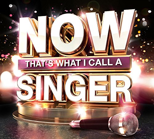 "CD cover with 'Now That's What I Call A Singer' text, microphone, and gold stage."