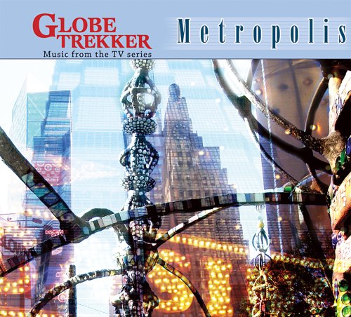 "Album cover for 'Metropolis' by Globe Trekker, featuring a futuristic cityscape with neon lights."