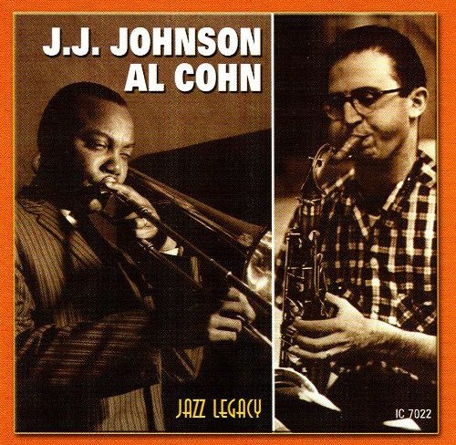 Jazz album cover featuring two men playing trombones, sepia-toned photos on orange background.