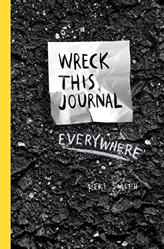 A book titled "Wreck This Journal Everywhere" with a colourful, abstract cover design.