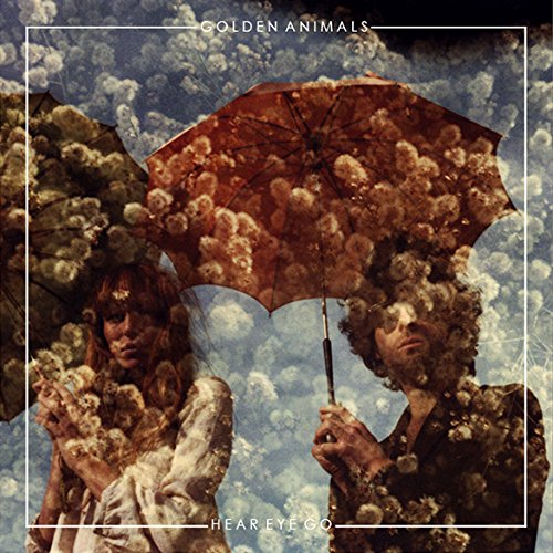 Album cover with two statuesque figures holding an umbrella amidst cloudy scenery.