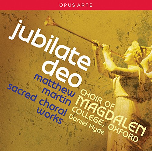 "CD cover with 'jubilate deo' text, angel image, and red banner at the top."