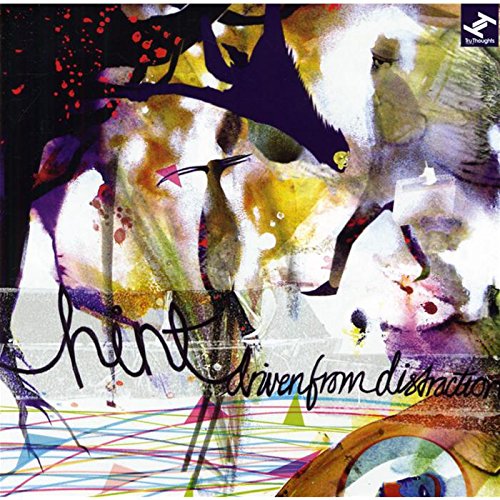 "Album cover with abstract art, birds, and text 'hint driven from distraction' in black script."