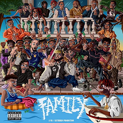 "Album cover art featuring a vibrant cartoon illustration of a lively gathering scene."