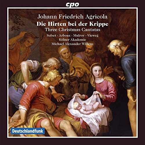 "Album cover with nativity scene painting and white text on dark background."