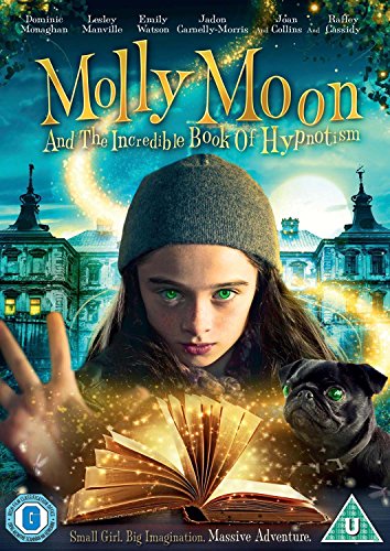 "Molly Moon DVD cover featuring a girl with green eyes and a hypnotic pug."