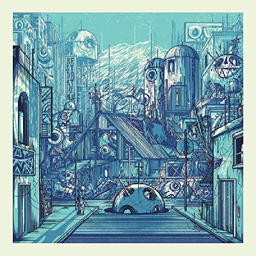 The image depicts a futuristic cityscape with a central road and various structures. "Futuristic cityscape with road and buildings in shades of blue."