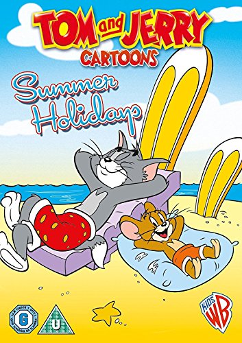 DVD cover featuring Tom and Jerry relaxing on a beach with surfboards.