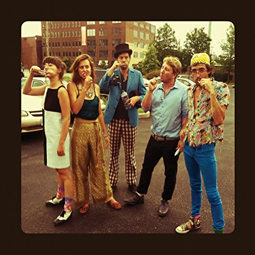 "CD cover featuring five people drinking in a parking lot, retro styled image."