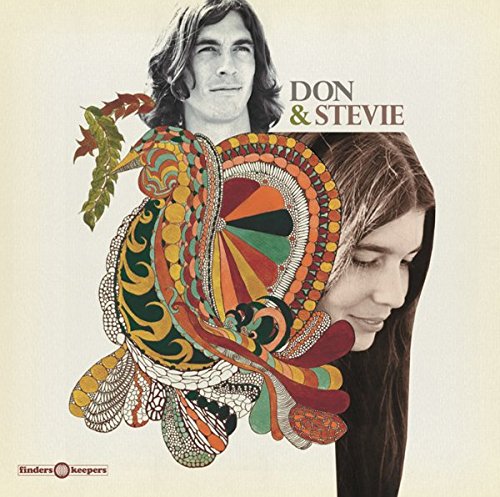 "Album cover featuring black and white portraits of a man and woman with colorful, swirling design."