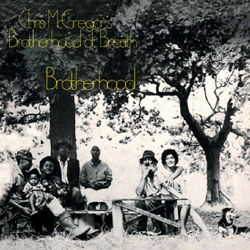 Black and white album cover with people sitting under trees, yellow text at the top.