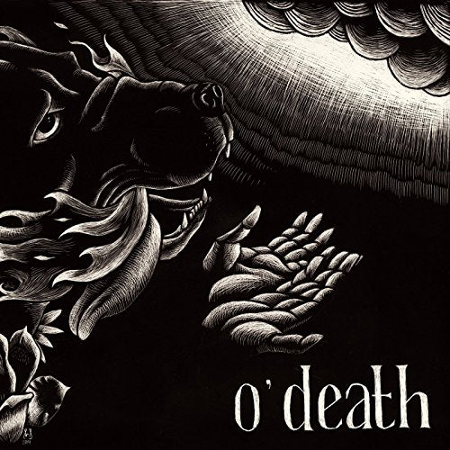 "Black-and-white illustration of a roaring creature, flowers, and clouds on a black background."