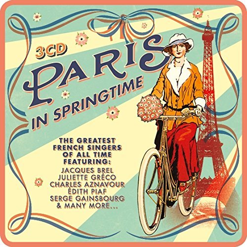 "CD cover featuring a woman on a bicycle with the Eiffel Tower."