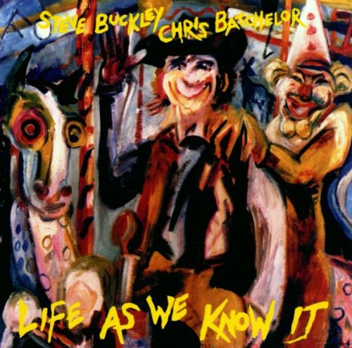 "Album cover with abstract painting of clown figures and yellow text."