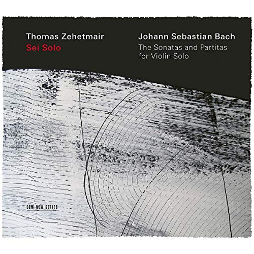 "CD cover with abstract black and white design and text about Bach violin sonatas."