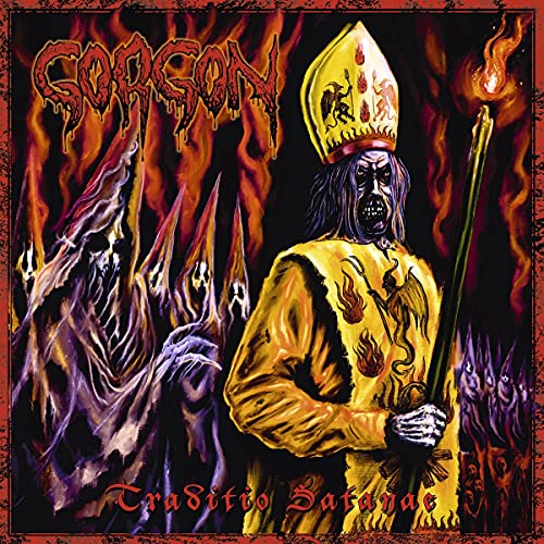 Gorgon album cover art featuring a dark figure in yellow bishop's attire amidst flames.