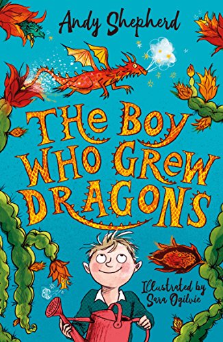 "The Boy Who Grew Dragons" book cover featuring a boy, dragons, and vines on blue background.