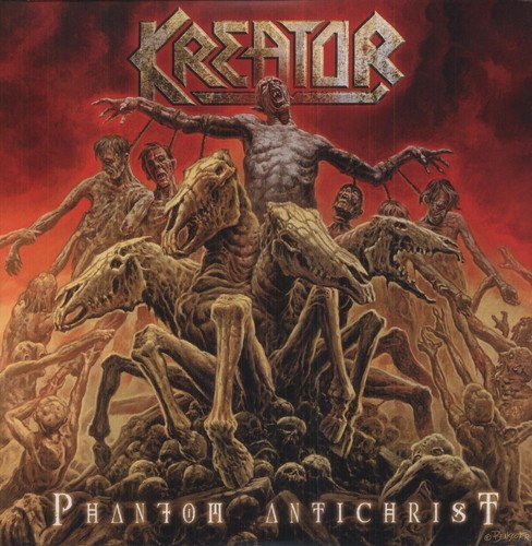 "Kreator album cover with skeletal figures and a man on horse-like creature."