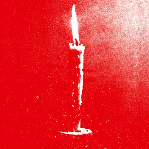 A red album cover featuring a white candle with melting wax.