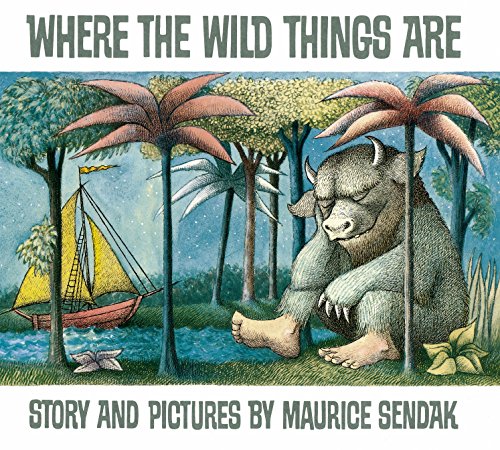 "Children's book cover featuring a monster sitting by a sailboat in a forest."
