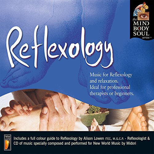 "CD cover with blue background, hands massaging feet, and 'Reflexology' title in white text."