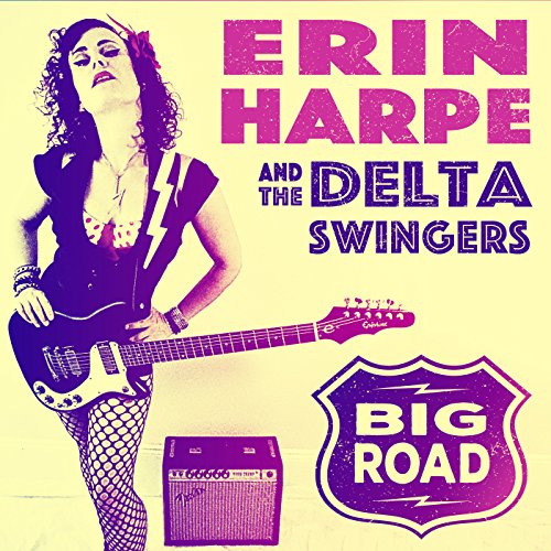 "Album cover featuring a woman holding a guitar, with text and a road sign."