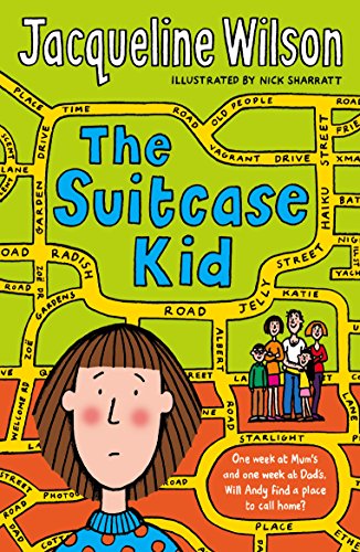 "The Suitcase Kid" book cover featuring a cartoon girl and a map background.
