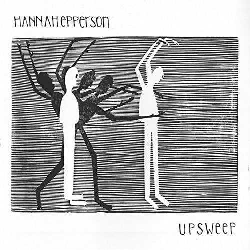 "Black and white album cover with abstract figures and striped background."