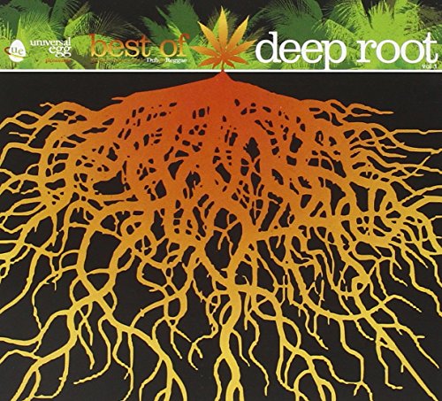 "Album cover with a cannabis leaf and roots on a black background."