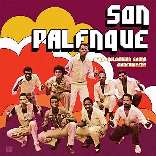 "Album cover with 'Son Palenque' title, featuring men in white outfits against a purple background."