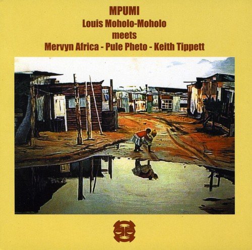 "Album cover with yellow background, village scene painting, and red text listing artist and musicians."