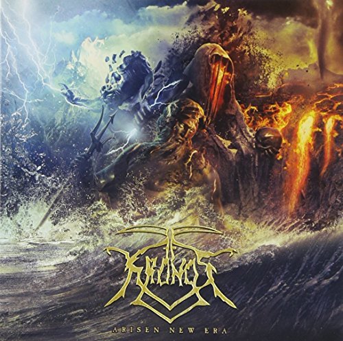 "Album cover art for 'Kronos - Arisen New Era' featuring chaotic, apocalyptic scene with gold text."