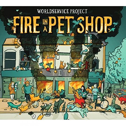 "CD cover art: cartoon pet shop on fire with animals escaping."