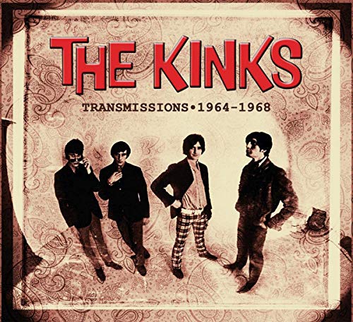 "Kinks album cover with four band members in black and white, red title."