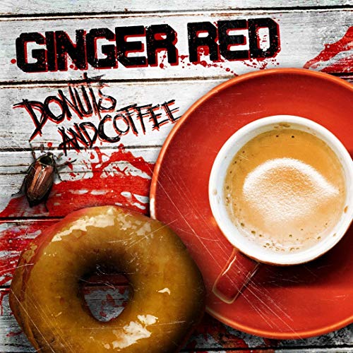 "Album cover with glazed donut, coffee, and cockroach on a distressed wooden background."