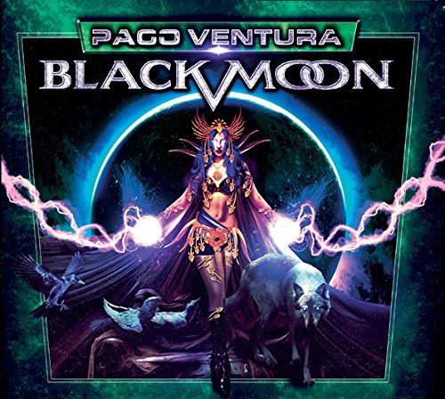 "Paco Ventura's 'Black Moon' CD cover featuring a woman with wolves and glowing orbs."