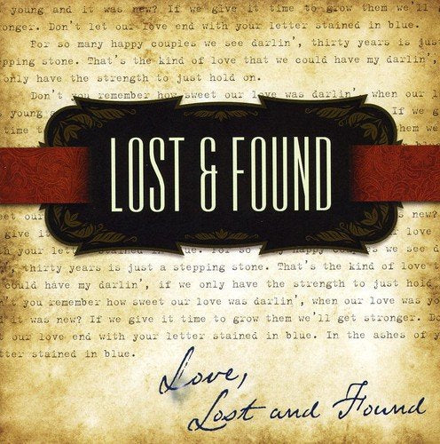 "Album cover with 'Lost & Found' in white on black, red ribbon, and vintage letter background."