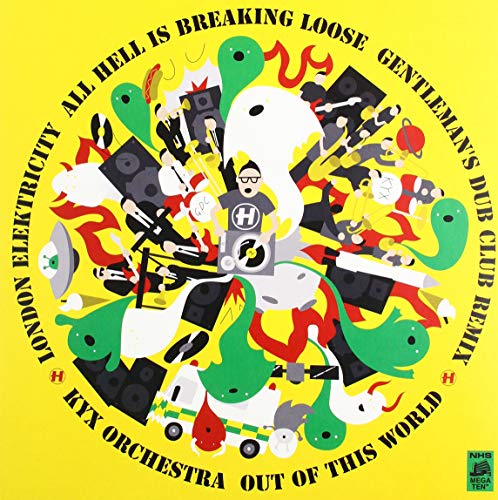 Vinyl album cover with cartoon man surrounded by abstract shapes on bright yellow background.